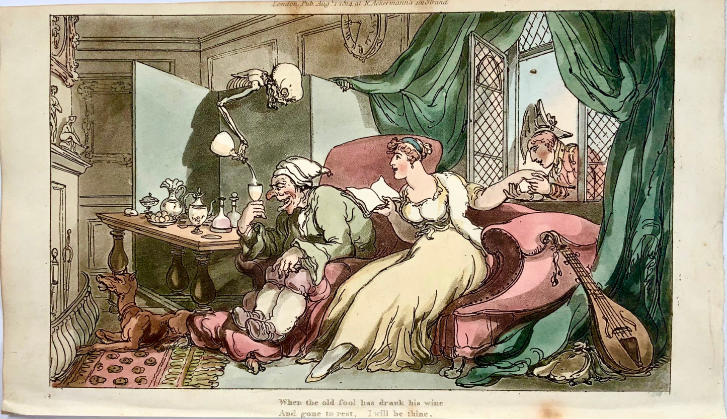 1815 Thomas Rowlandson, Danza della morte, caricatura, umorismo, acquatinta colorata a mano, l'ubriacone