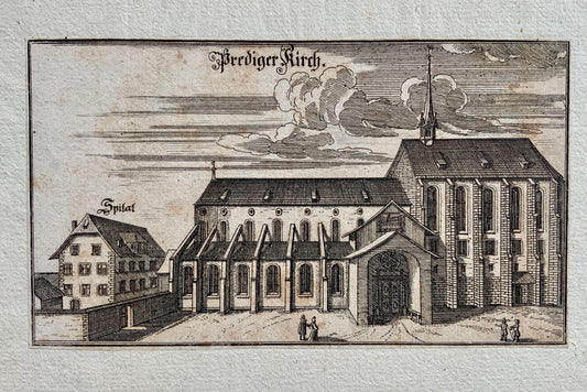 1742 Prediger Church and Hospital at ZURICH copper engraving Switzerland