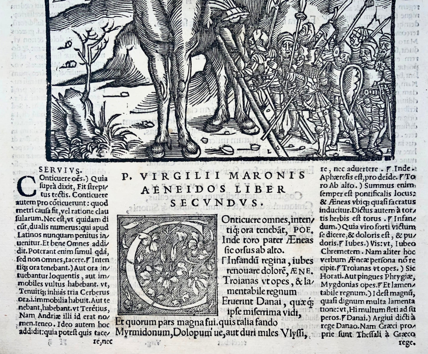 1517 Folio Gruninger foglia in legno dall'Eneide di Virgilio, cavallo di Troia, mitologia, incisione magistrale