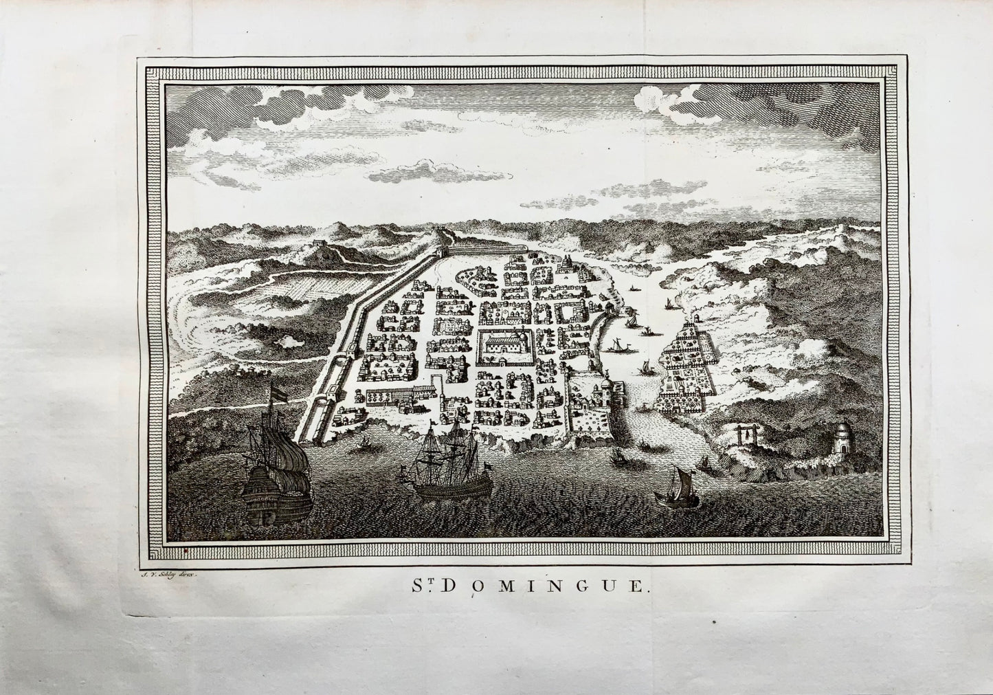1770 Schley, Santo Domingo, Hispaniola, Dominican Republic, bird's-eye view, map