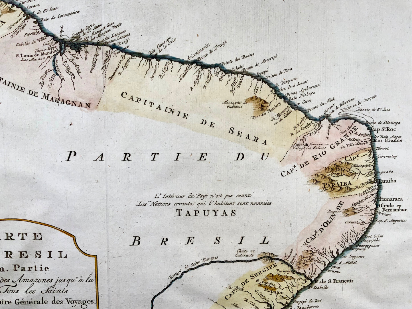 1772 Krevelt, map, coast of Brazil, South America, Amazon, hand coloured