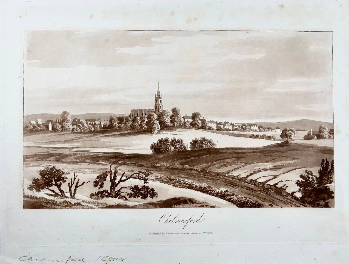 1821 Chelmsford, Essex, acquatinta seppia di Mawman secondo Shepherd