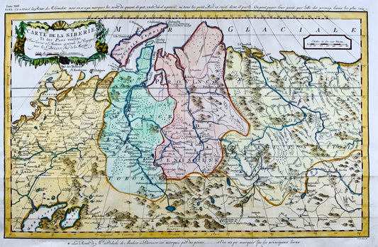 1756 JN Bellin; Schley, Sibérie, rivière Jenisi, Russie, carte colorée à la main