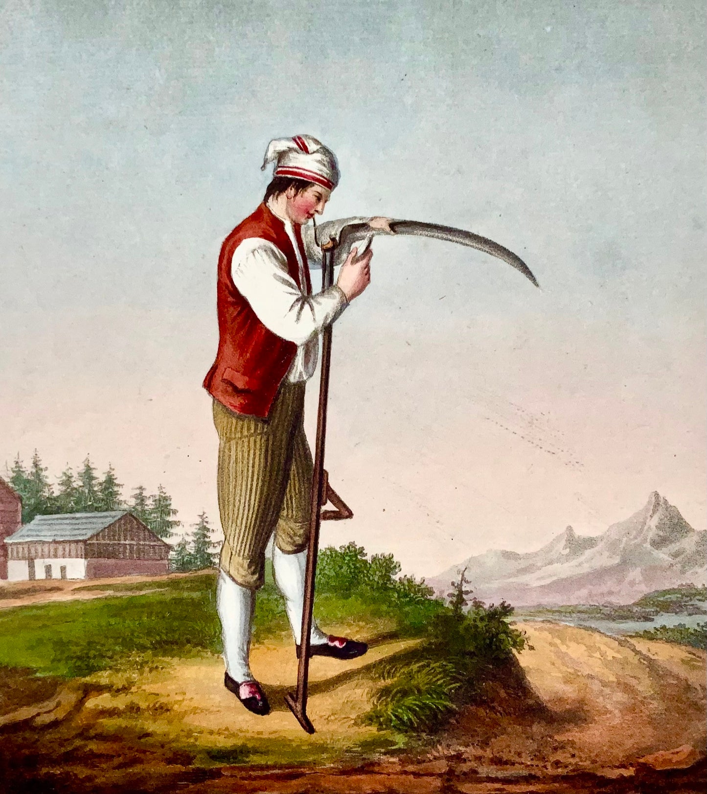 1822 Chr. Mechelt, sharpening sythe in Bern, Switzerland, hand coloured aquatint, costumes