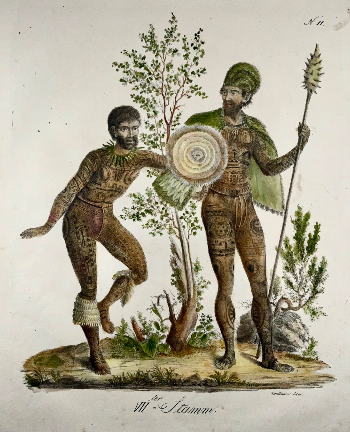 1816 Polinesiano tatuato, foglio imperiale, 42,5 cm, incunaboli di litografia, etnologia