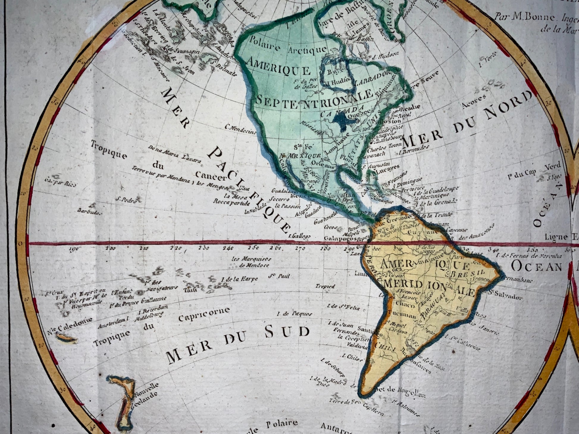 1780 Bonne - DOUBLE HEMISPHERE WORLD MAP - hand coloured engraved map