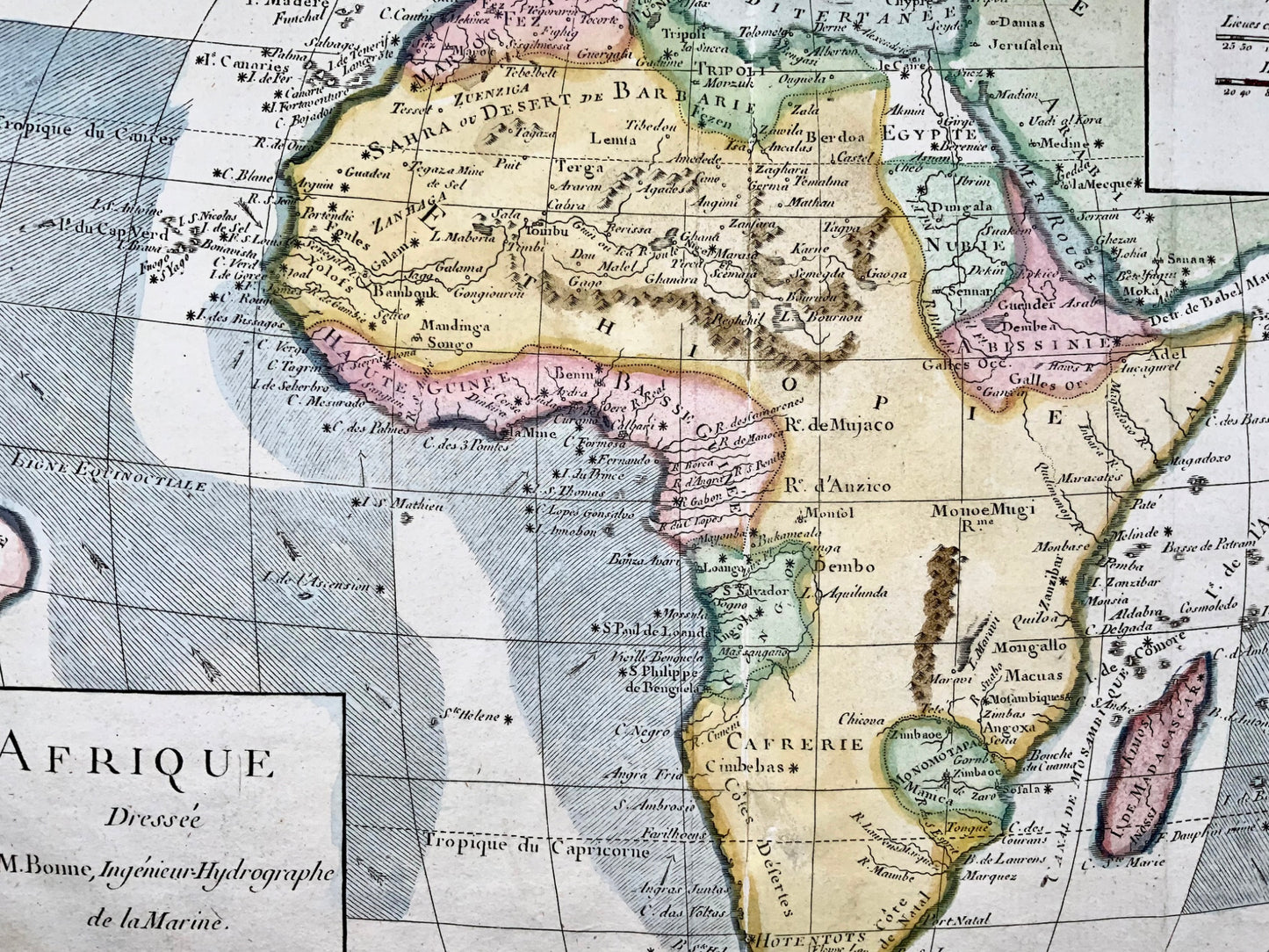 1780 Africa, Bonne, hand coloured, copper engraved map