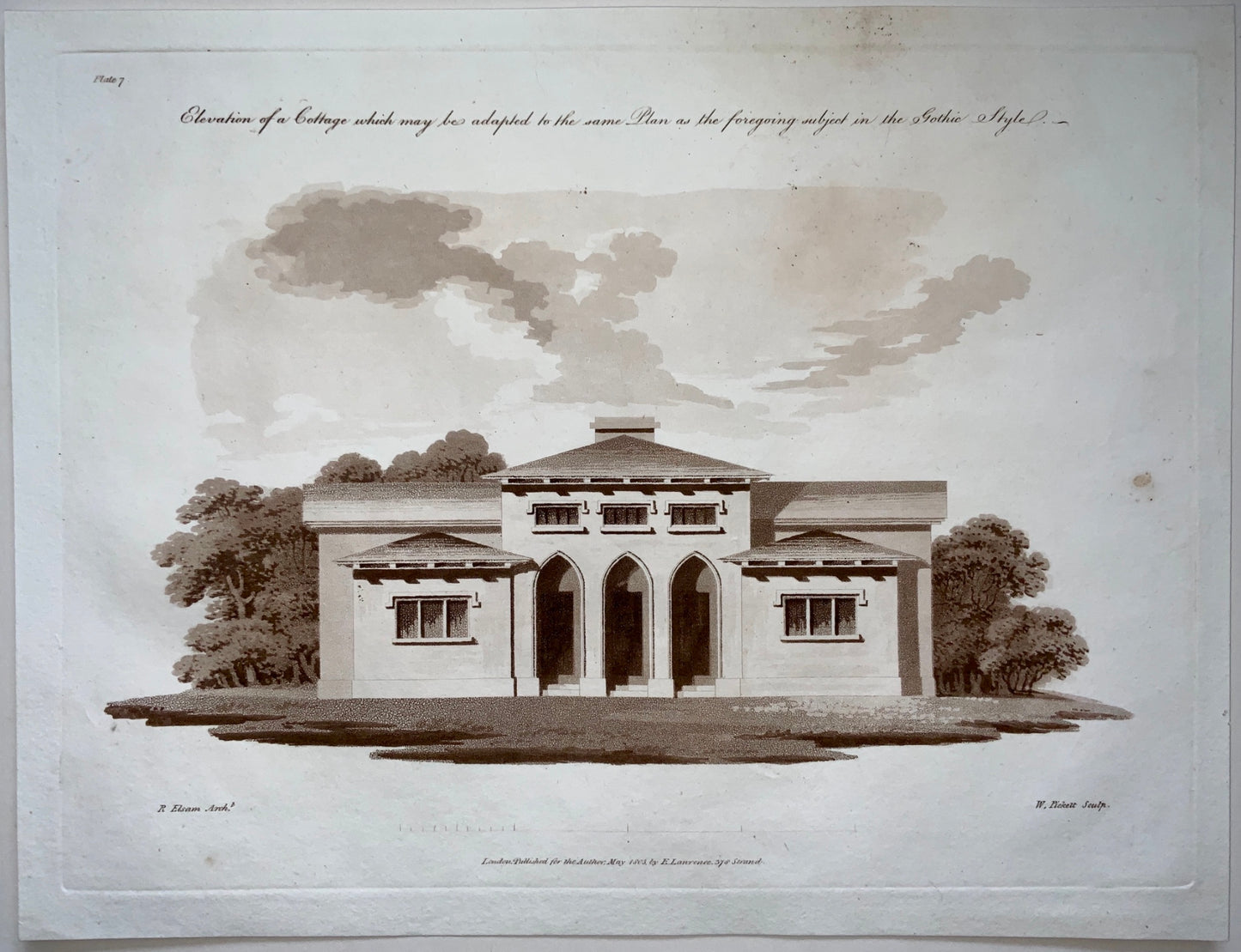 1803 Richard Elsam - Folio aquatint - Modern Cottage in Neo Gothic Style - Architecture