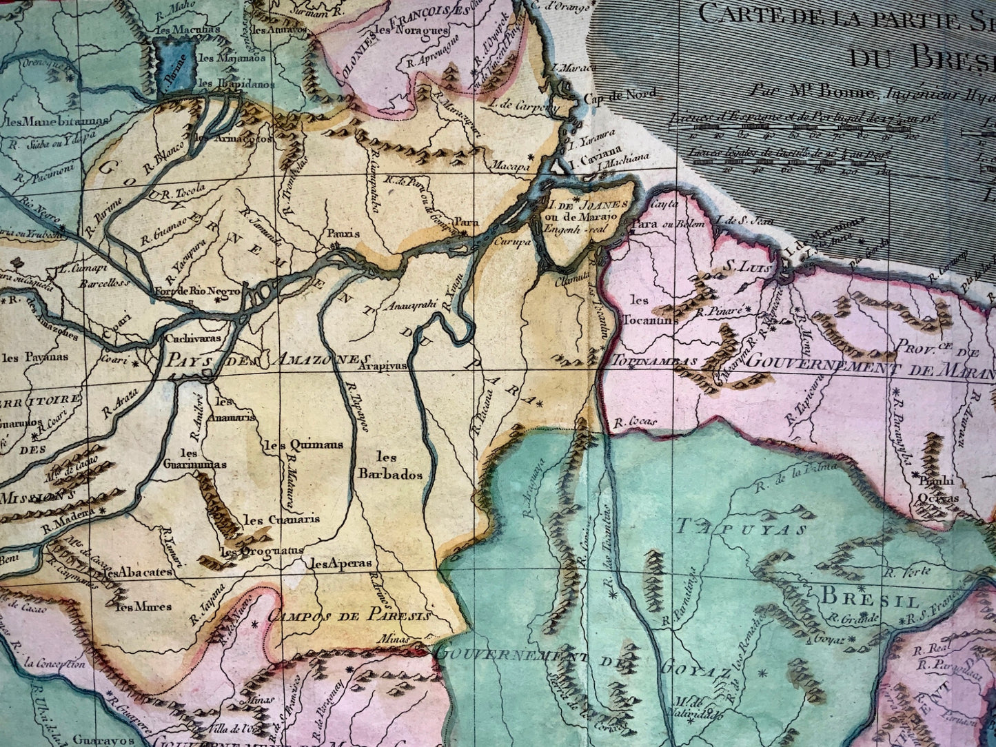 1780 Bonne - BRAZIL: Brésil et Pays des Amazones - hand coloured engraved map