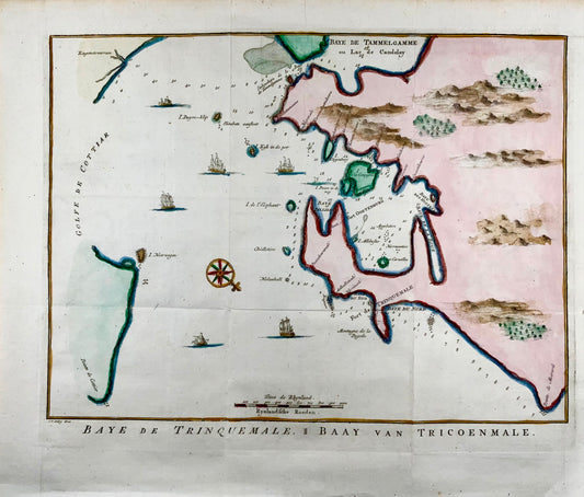 1770 JV Schley, Sri Lanka, Ceylon, Trincomalee, grande incisione su rame, mappa