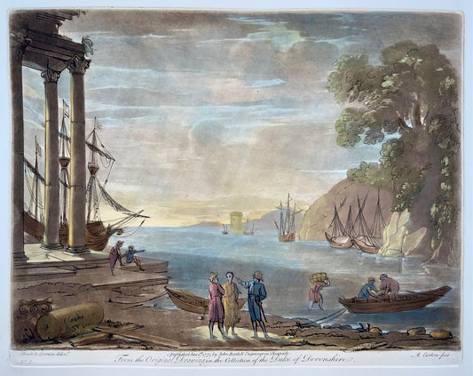 1774 Richard Earlom secondo CLAUDE LORRAIN - Veduta del porto in Italia - Carta di grandi dimensioni - Topografia, incisione magistrale