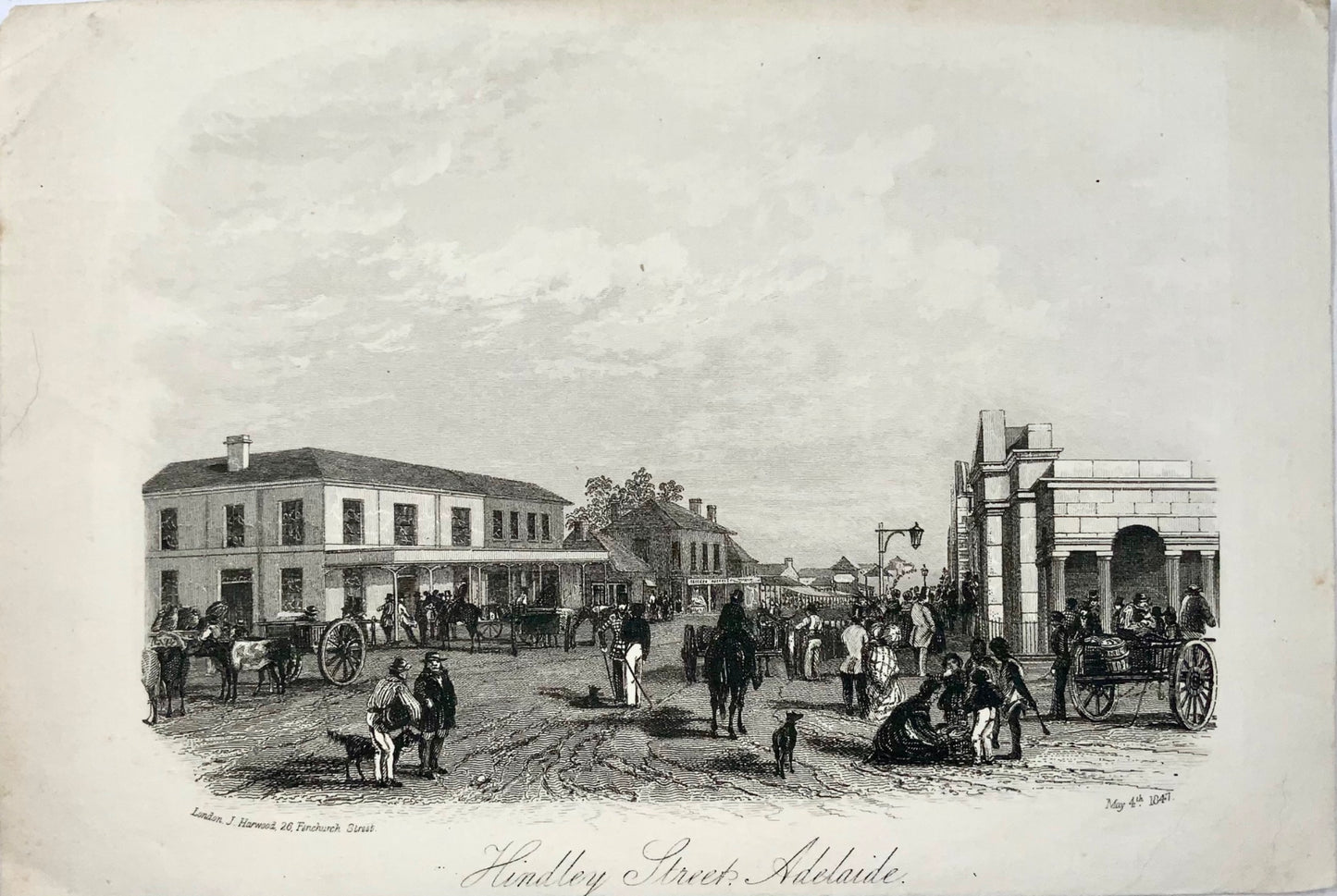 1847 Harwood, Hindley Street, Adelaide, acquaforte, rara, topografia straniera