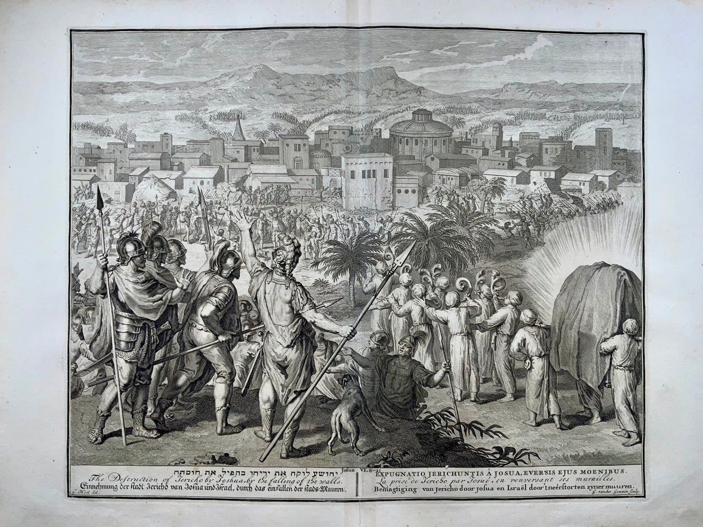 1728 Destruction of Jerico, Gerard Hoet, large folio bible engraving (53cm)