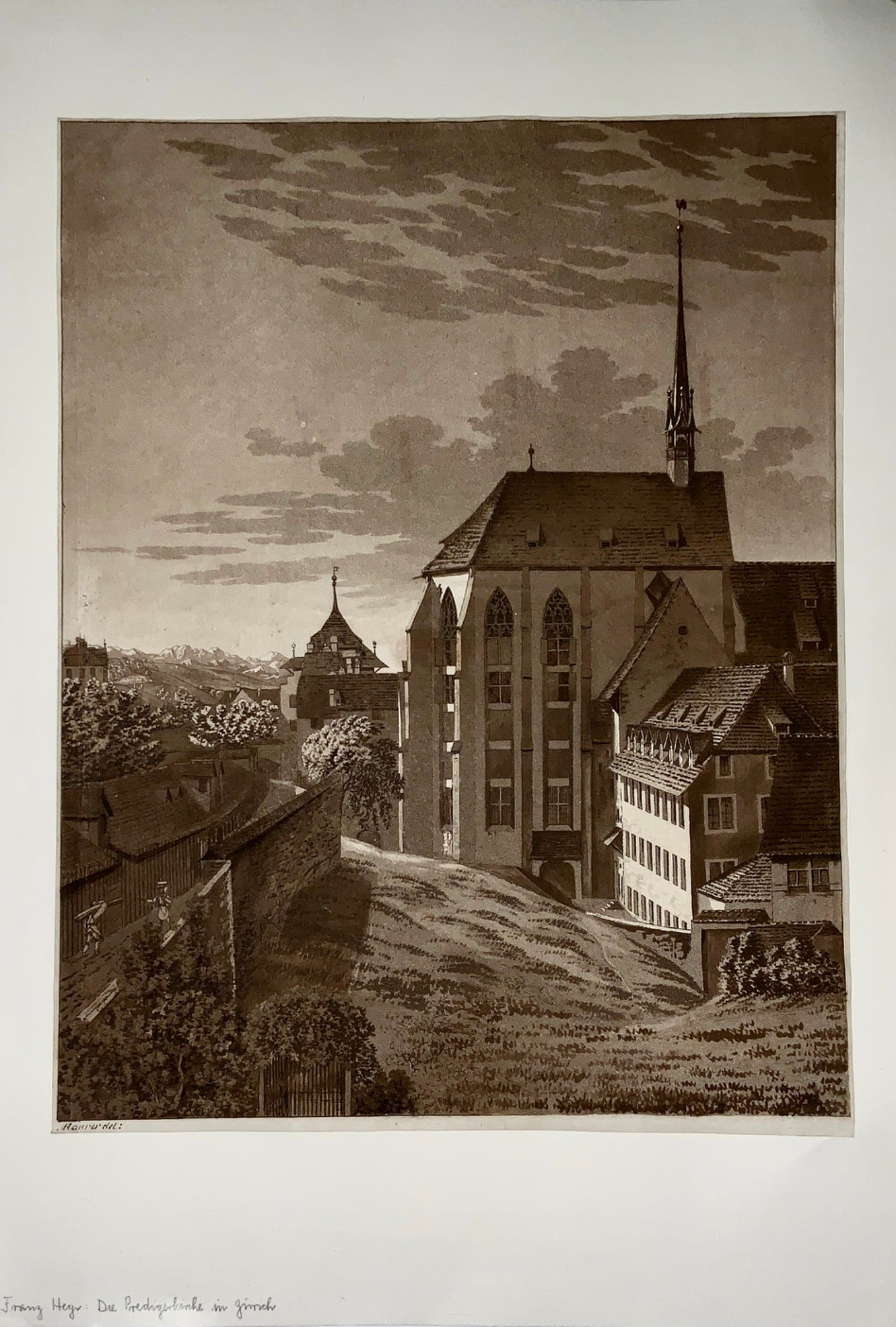 1824 ZURICH Switzerland [Franz Hegi (1774-1850)] “Predigerkirche” Sepia aquatint