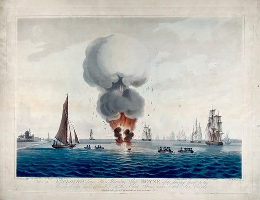 1797 Set di 2 grandi acquetinte, marittime, esplosione dell''HMS' Boyne - Storia militare