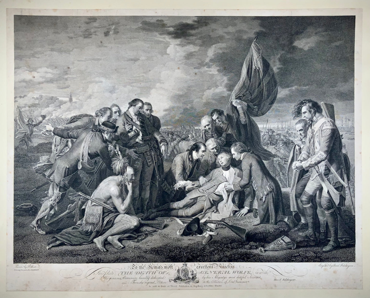 1789 "La morte del generale Wolfe", acquaforte secondo Benjamin West, applicata su pergamena - Arte classica, Militare