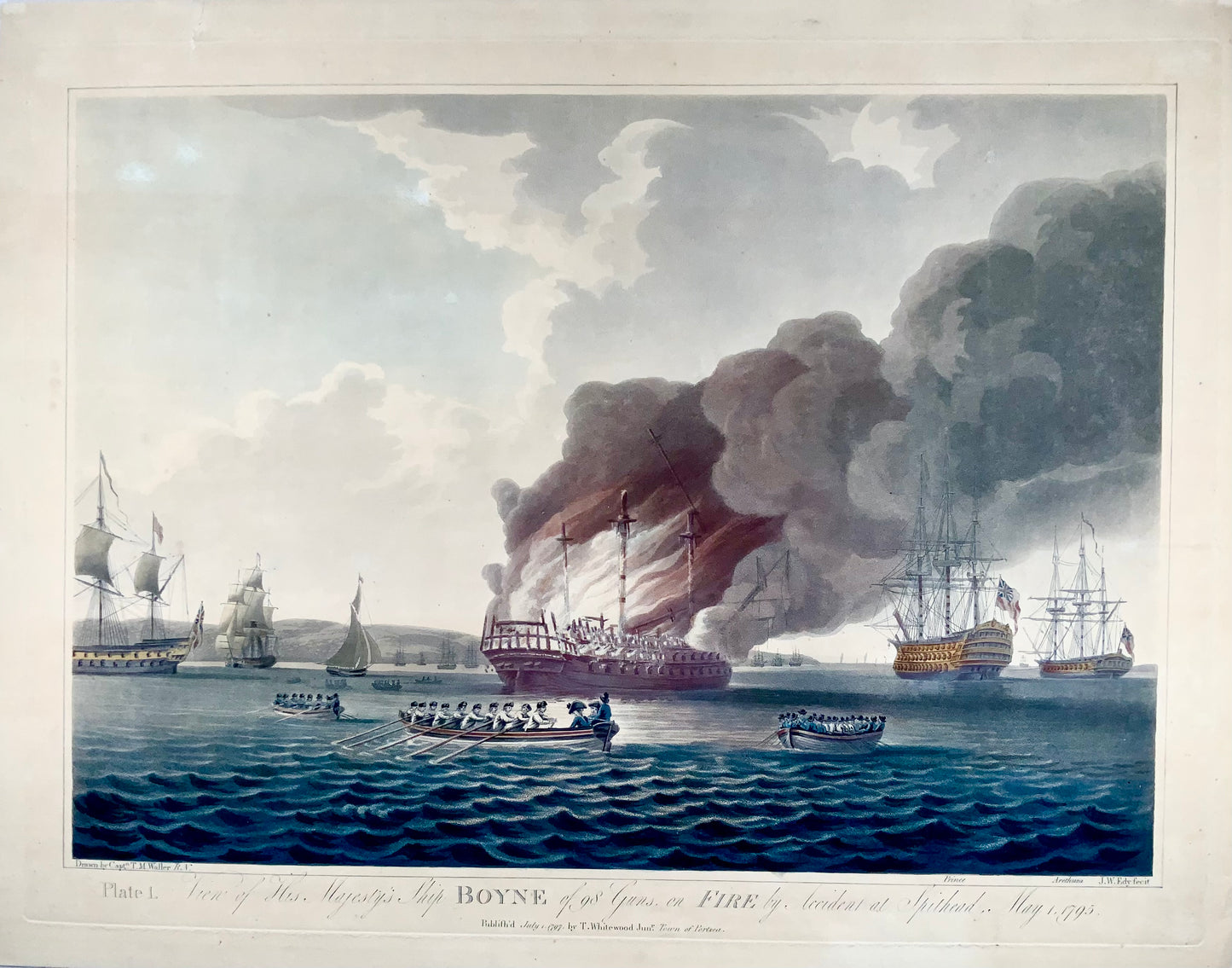 1797 Set of 2 Large Aquatints, Maritime, Explosion of the 'HMS' Boyne - Military History