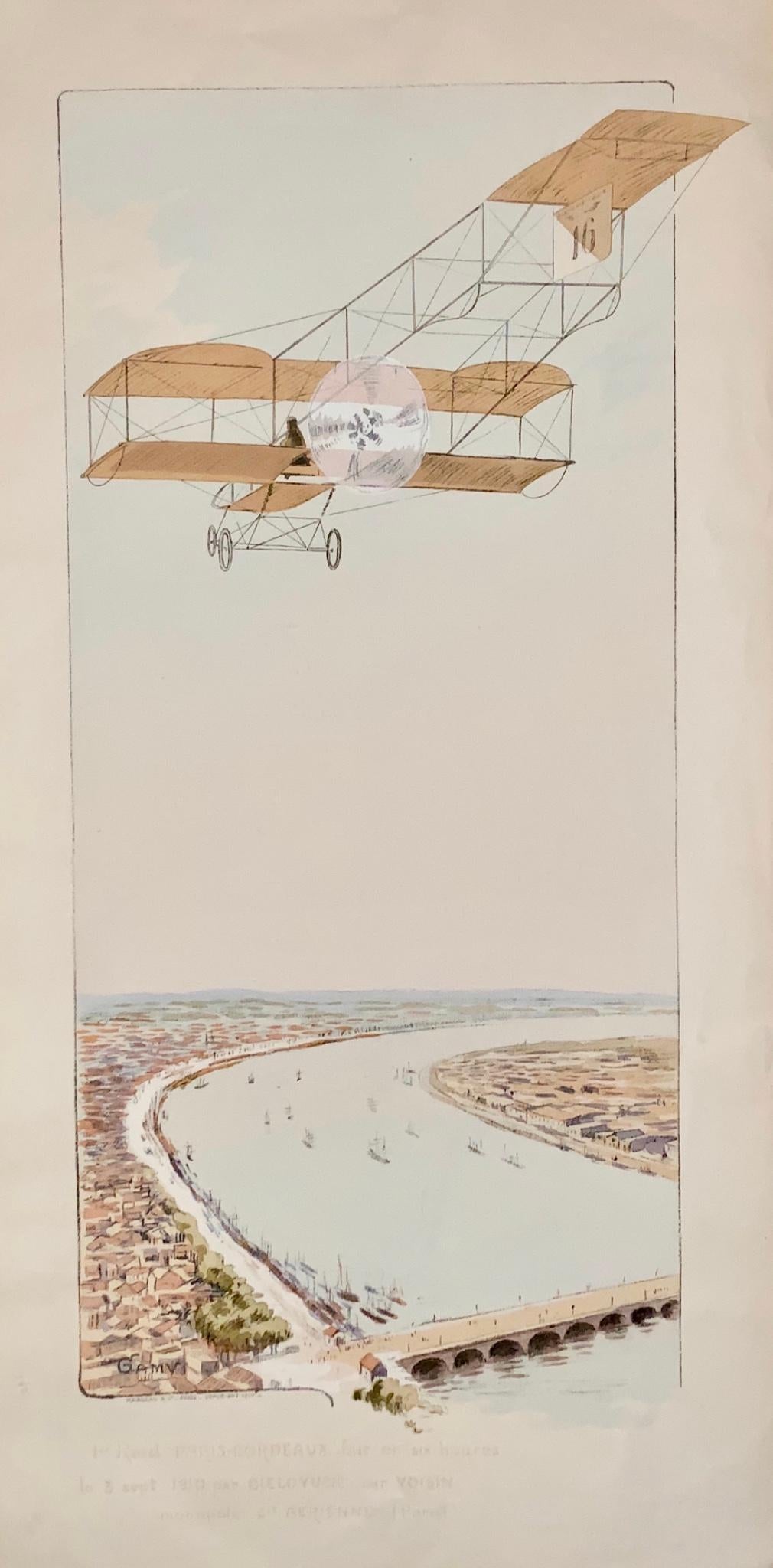 1910 Montaut, Ernest Aviation Race sopra Parigi, pochoir colorato, 89,5 cm, poster di trasporto e viaggio