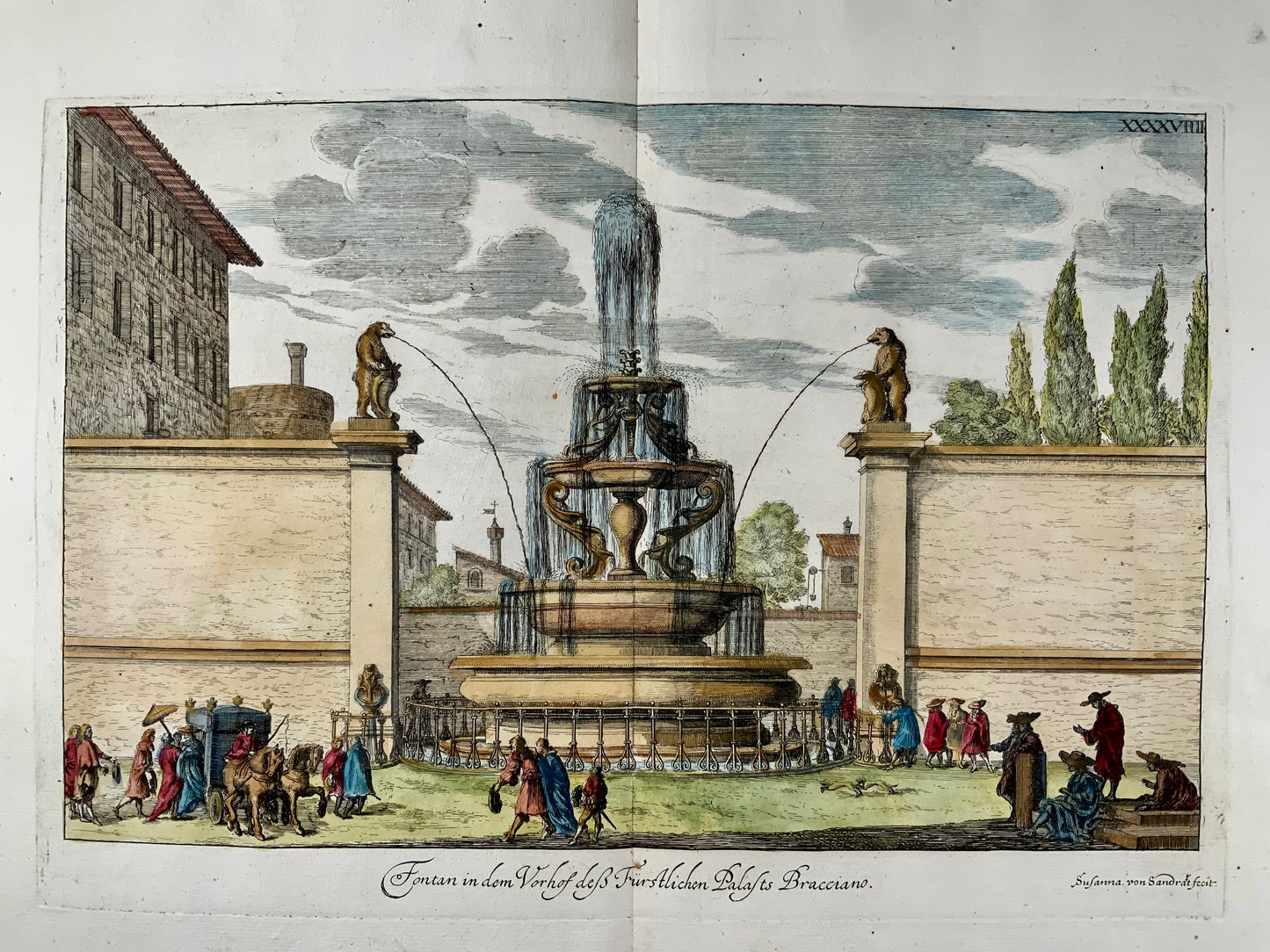 1679 Susanna von Sandrart, Fontana di Bracciano a Roma, Italia, doppio foglio colorato a mano, architettura classica