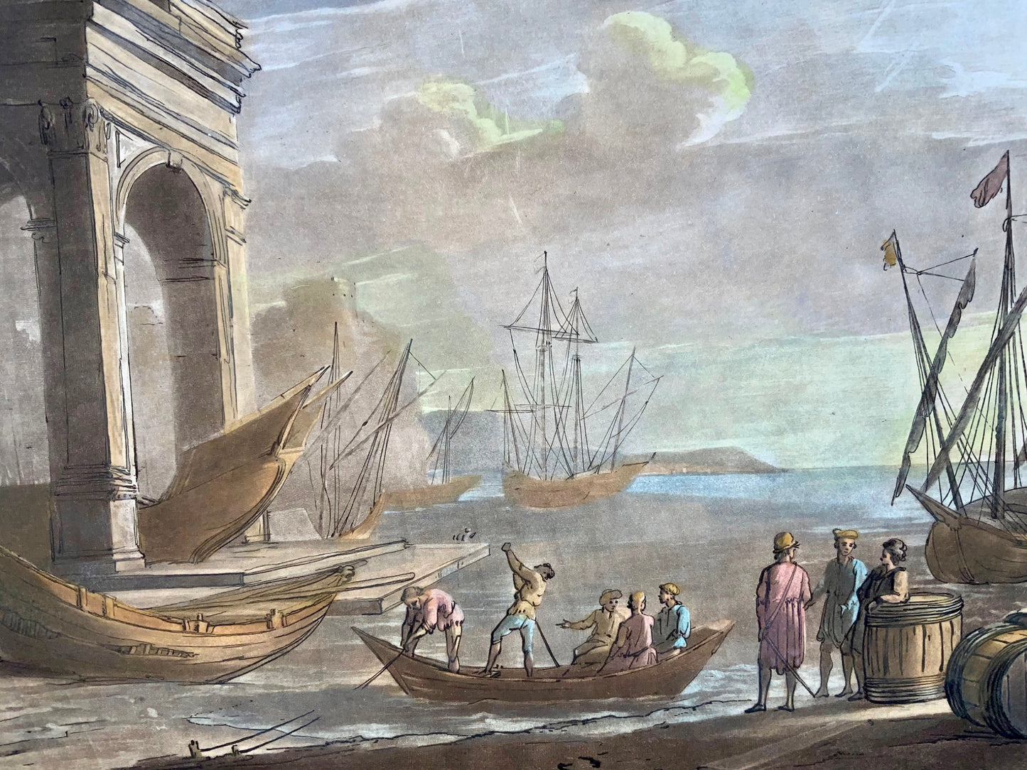 1774 Richard Earlom secondo CLAUDE LORRAIN - Veduta del porto con navi - Carta di grandi dimensioni - Arte classica