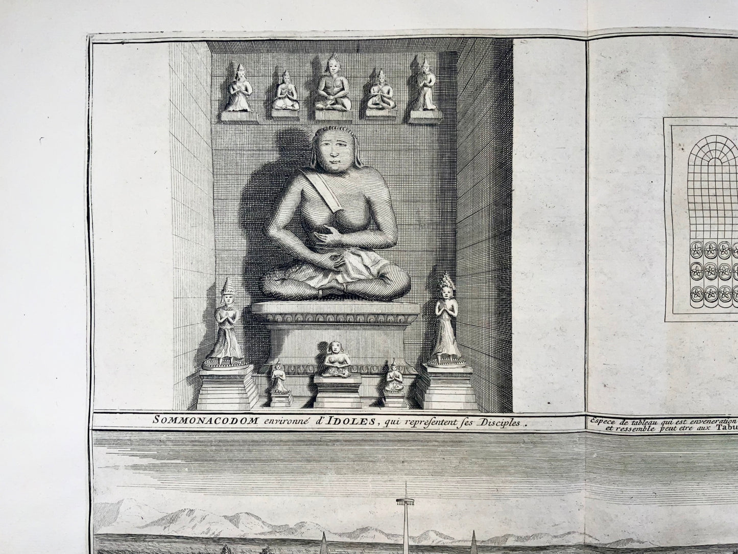 1729 [B. Picart], Idoli del Siam (Thailandia), Tempio di Barkalam, doppio foglio 