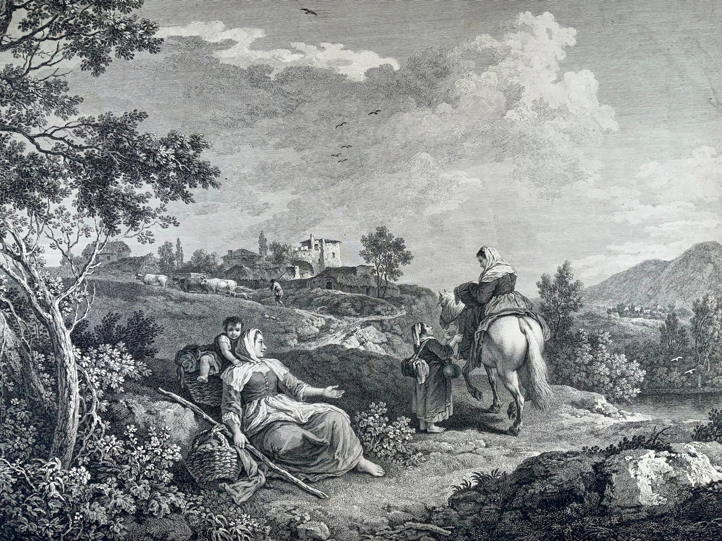 1753 F. Zuccarelli, scène pastorale à l'italienne, grande gravure impressionnante, art classique