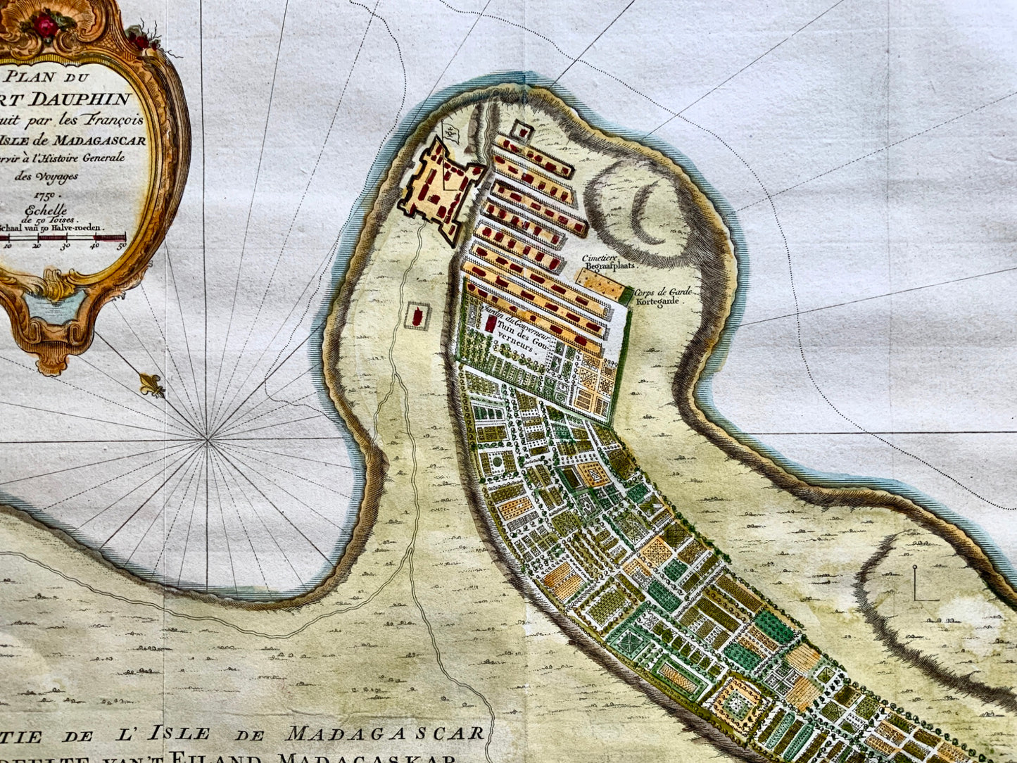 1756 J.N. Bellin; Schley MADAGASCAR Tolanaro City Plan - hand coloured map