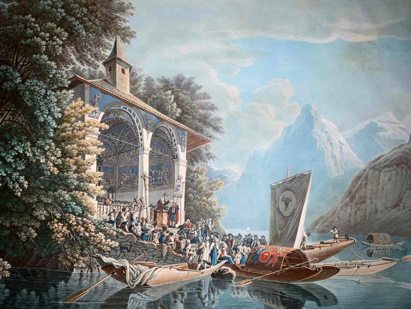 1830 G. Lory; Hurlimann - Tell’s Chapel Switzerland - Large hand col. aquatint - ‘Klein Meister’ Master Print