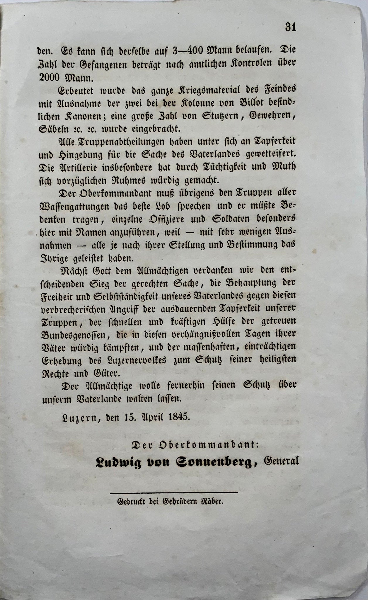 1845 L. Von Sonnenberg, revolt in Lucerne, Switzerland