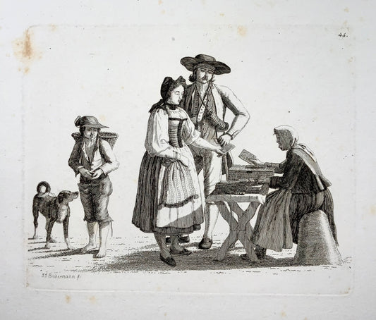 1810 Swiss Bookseller, fine etching by Johann Jakob Biedermann
