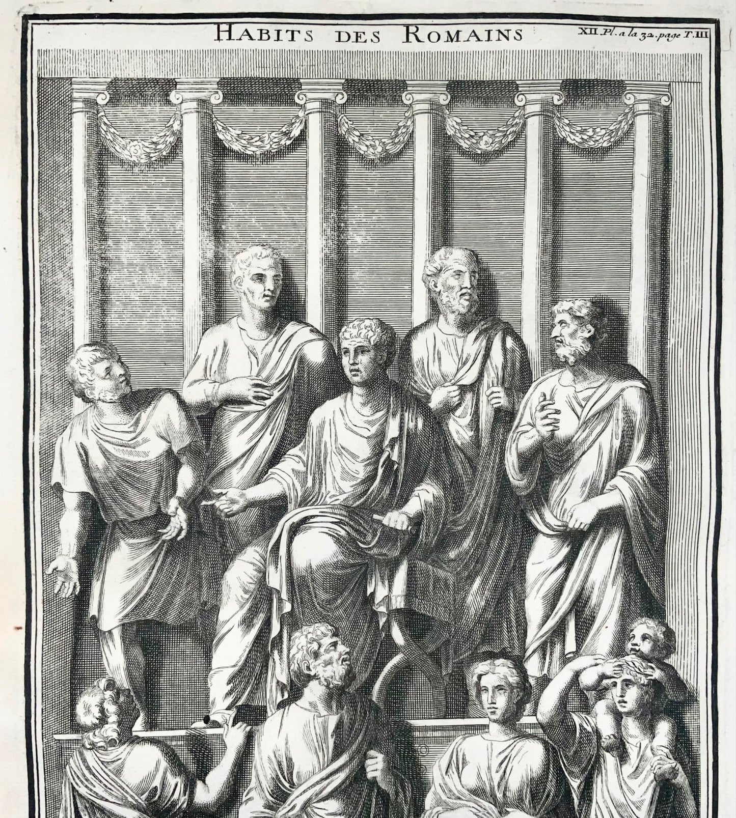 1724 Emperor Constantine holds Court (Marble from Arch), engraving by Montfaucon, classical art,