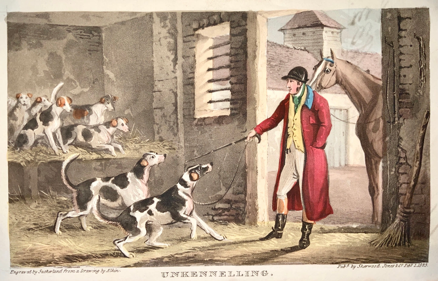 1823 Sherwood after Alken - UNKENNELLING, HUNTING - hand coloured aquatint