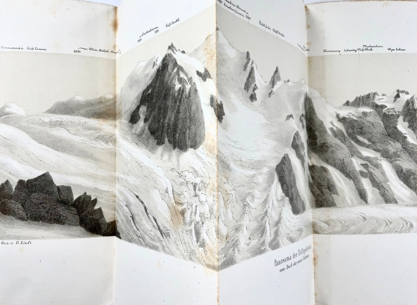 1865 Triftgebiet, Bernese Oberland, panorama, stone lithograph, Switzerland