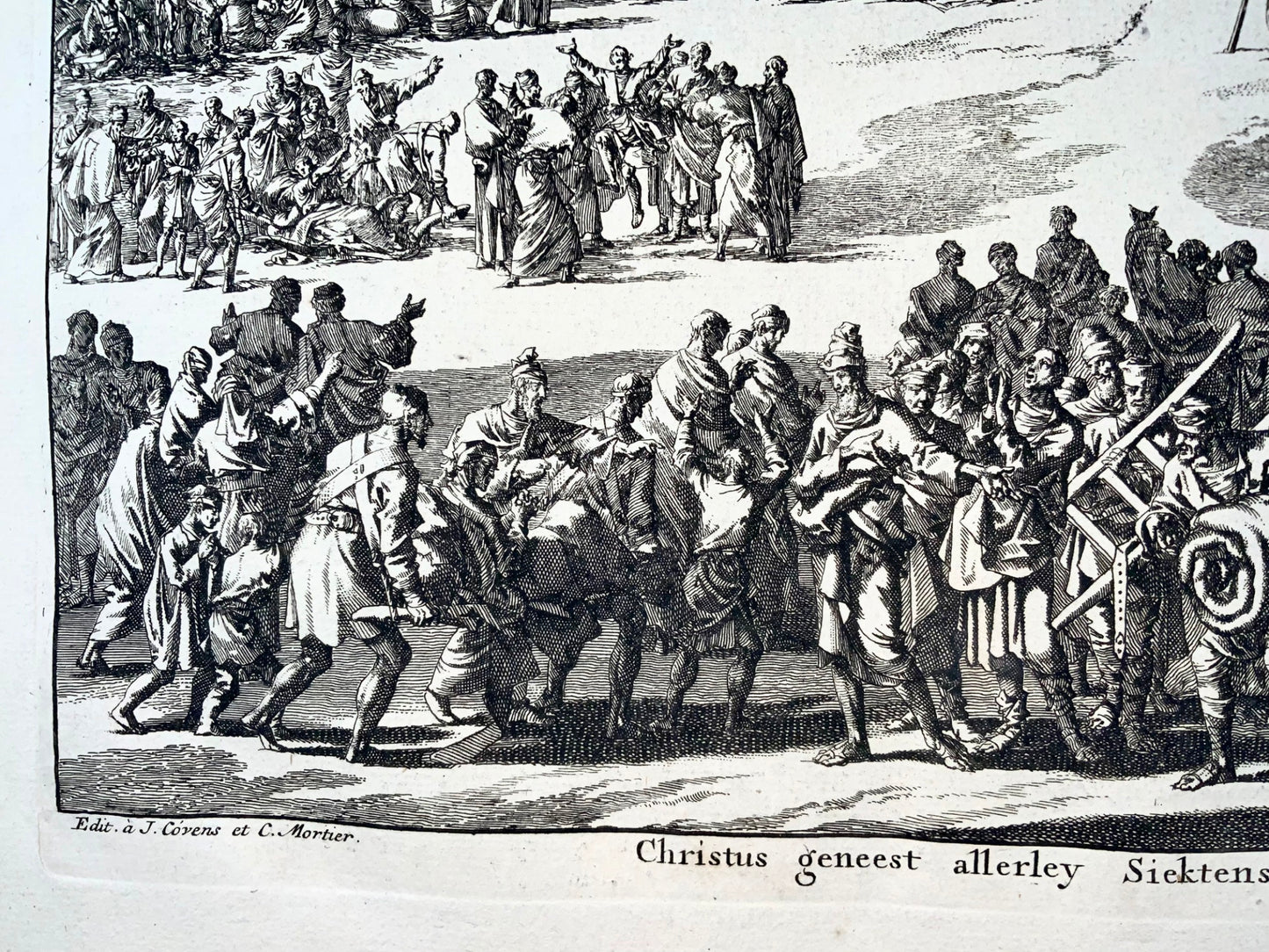 1708 Cristo guarisce i malati, Joh. Luyken, Bibbia, grande foglio a doppia pagina 52,8 cm