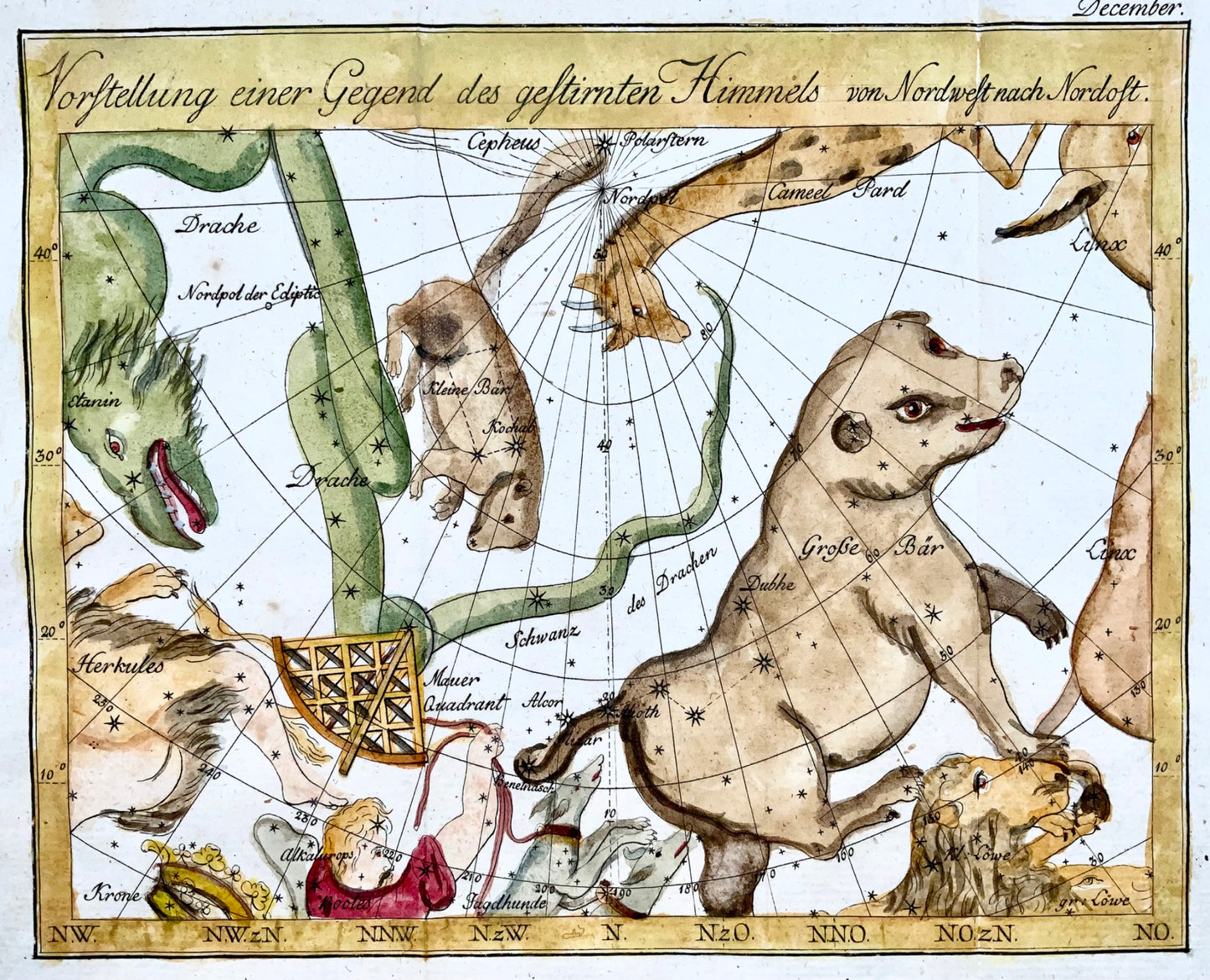 Carte céleste de 1777 ; Johann Elert Bode - Carte céleste du mois de décembre