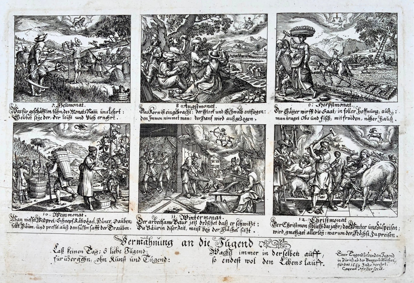 1663 Broadsides (2) avec 12 gravures, Farming Calendar, Conrad Meyer