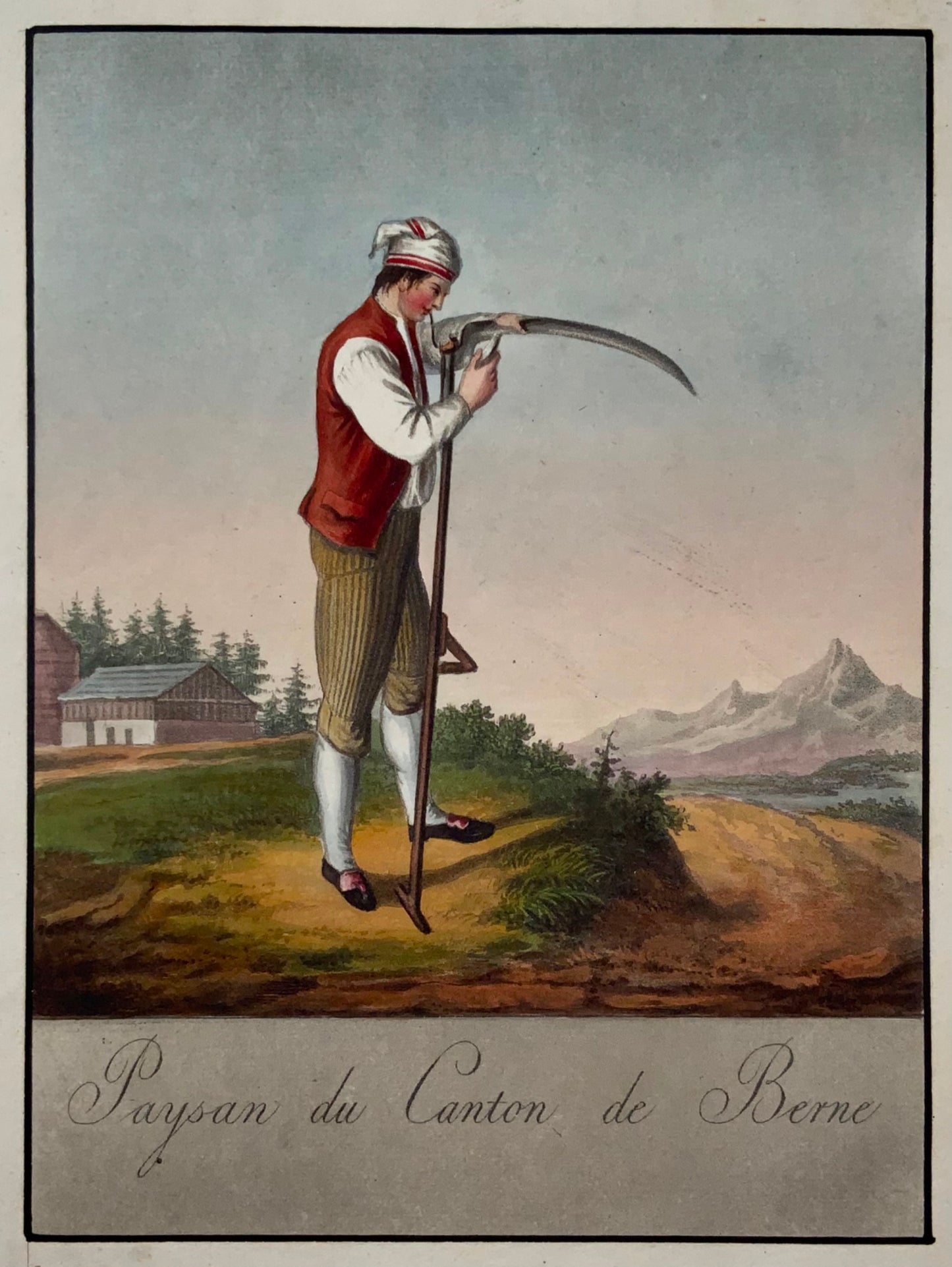 1822 Cr. Mechelt, affilatrice a Berna, Svizzera, acquatinta colorata a mano, costumi