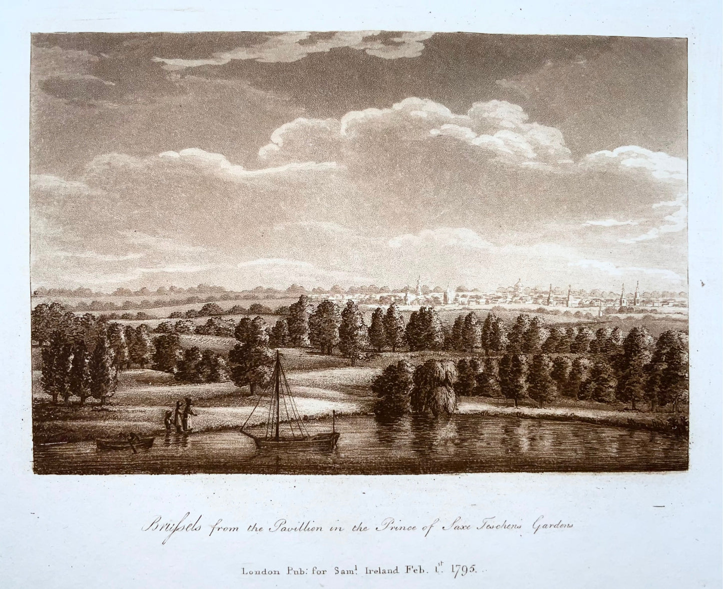 1795 Bruxelles, Belgio, bella acquatinta seppia, edizione cartacea di grandi dimensioni, topografia straniera