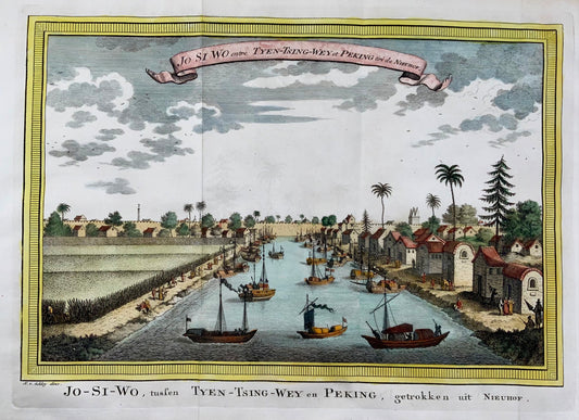 1749 Pechino, Cina, Pechino, J. van Schley, colore a mano, incisione panoramica, mappa