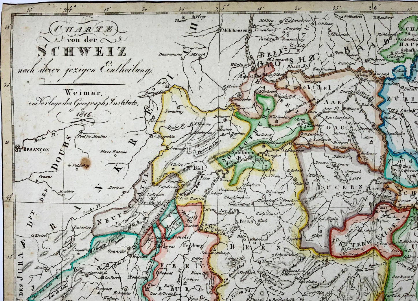 1816 Map of Switzerland, copper engraving with hand colour, 30.5 x 42 cm