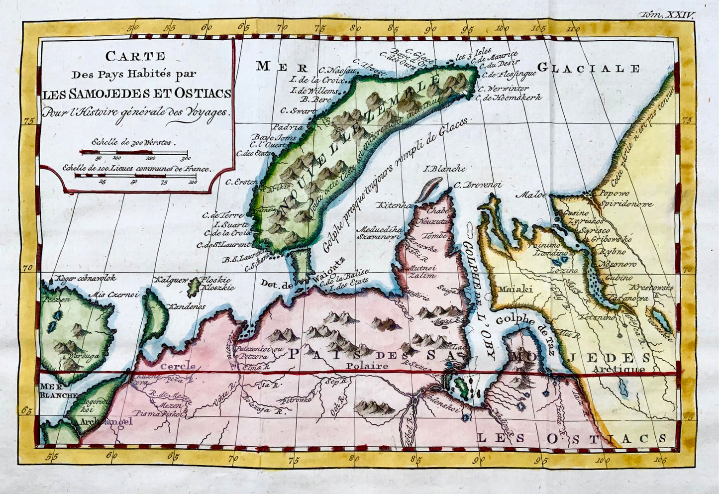 1757 Russie du Nord, Nouvelle-Zemble, Samoyèdes et Ostiaces, gravure sur cuivre, carte