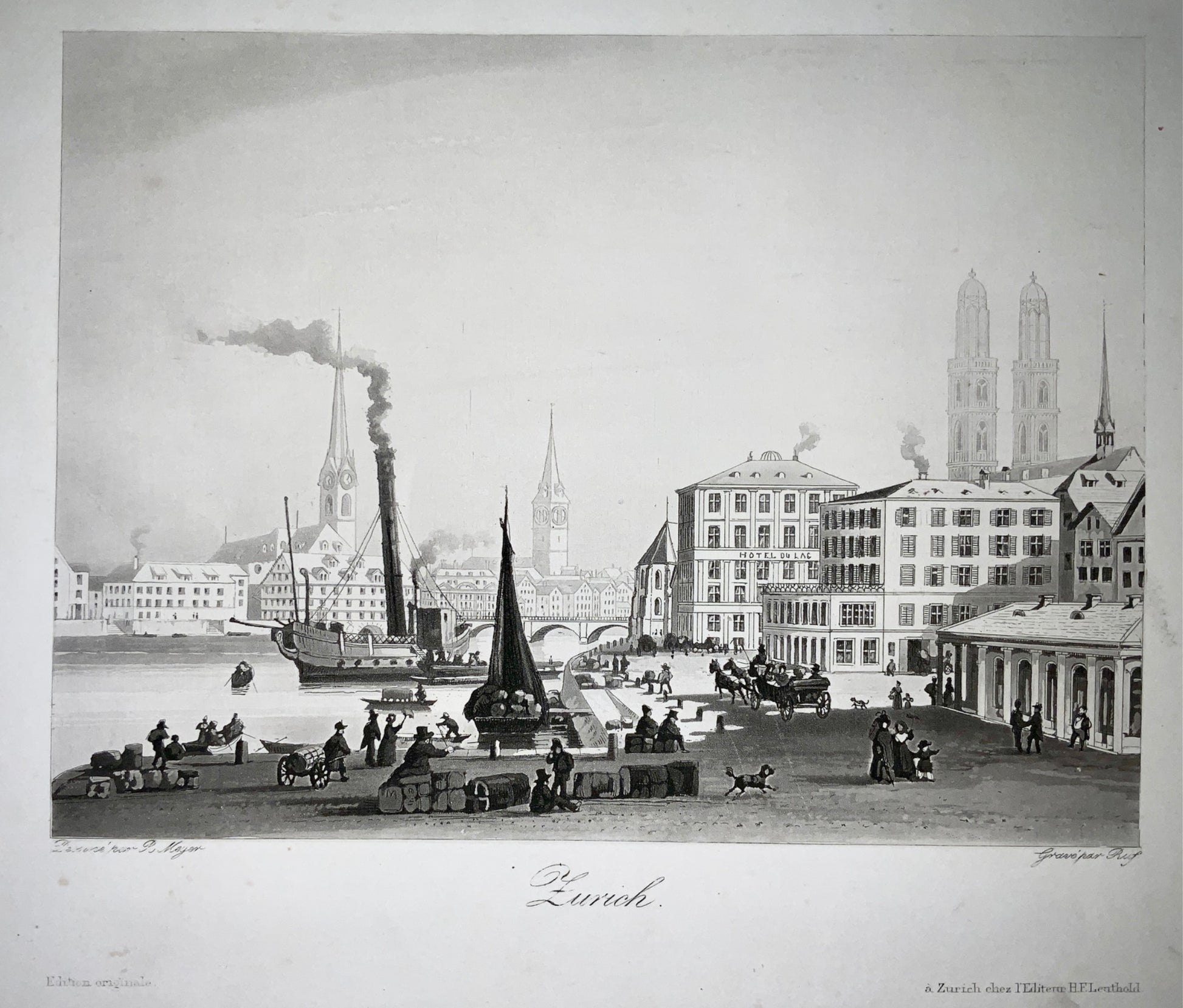 1845 Ruf after R. Meyer ZÜRICH Switzerland Steam ship - Fine aquatint