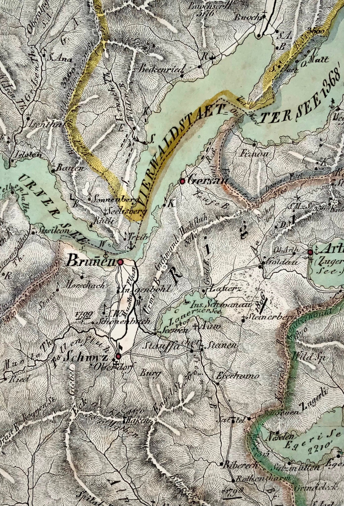 1840c Rare detailed map of Central Switzerland, hand coloured