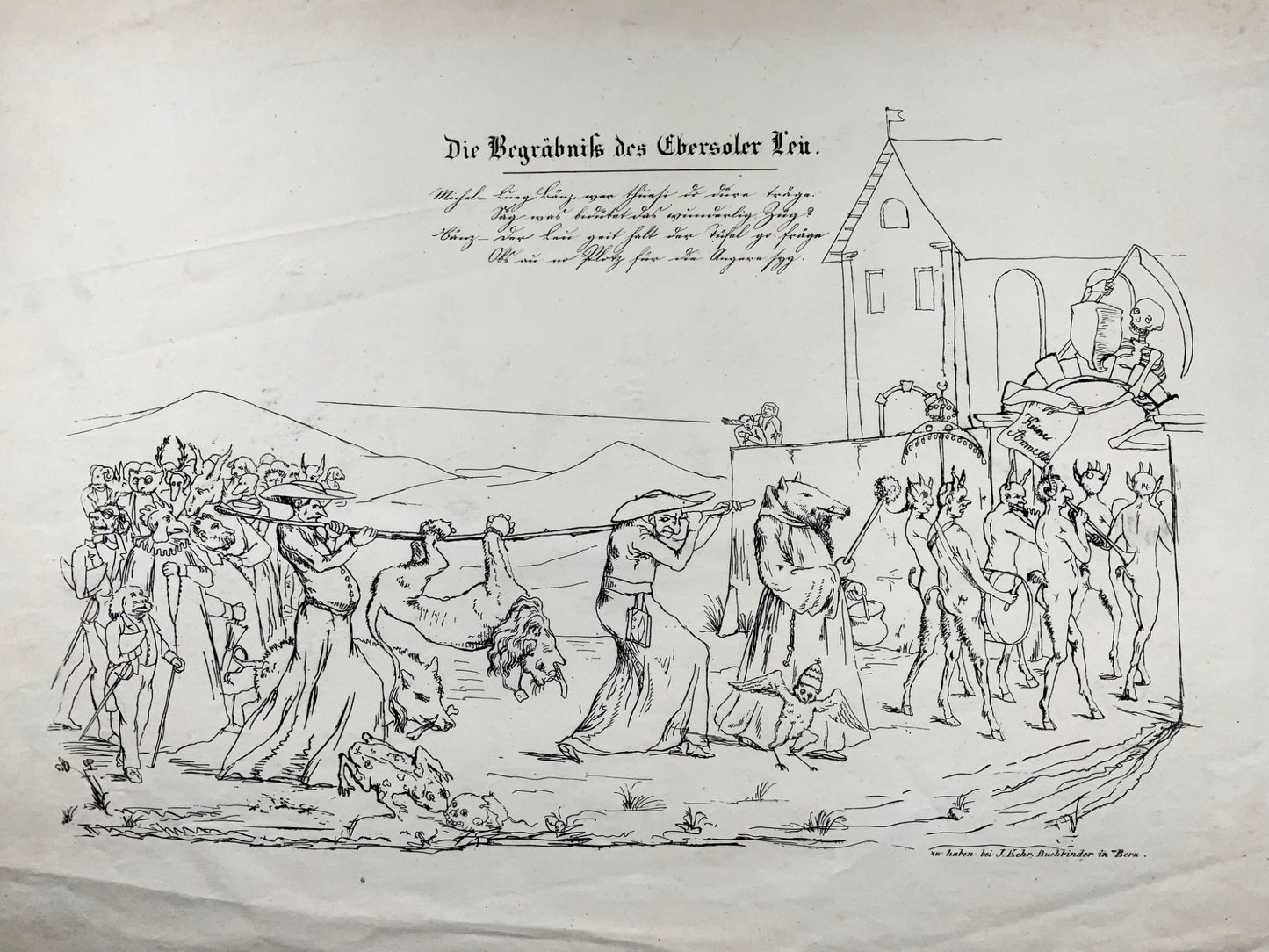 1845 Satirical Broadside, funeral / murder, Joseph Leu von Ebersol, Switzerland