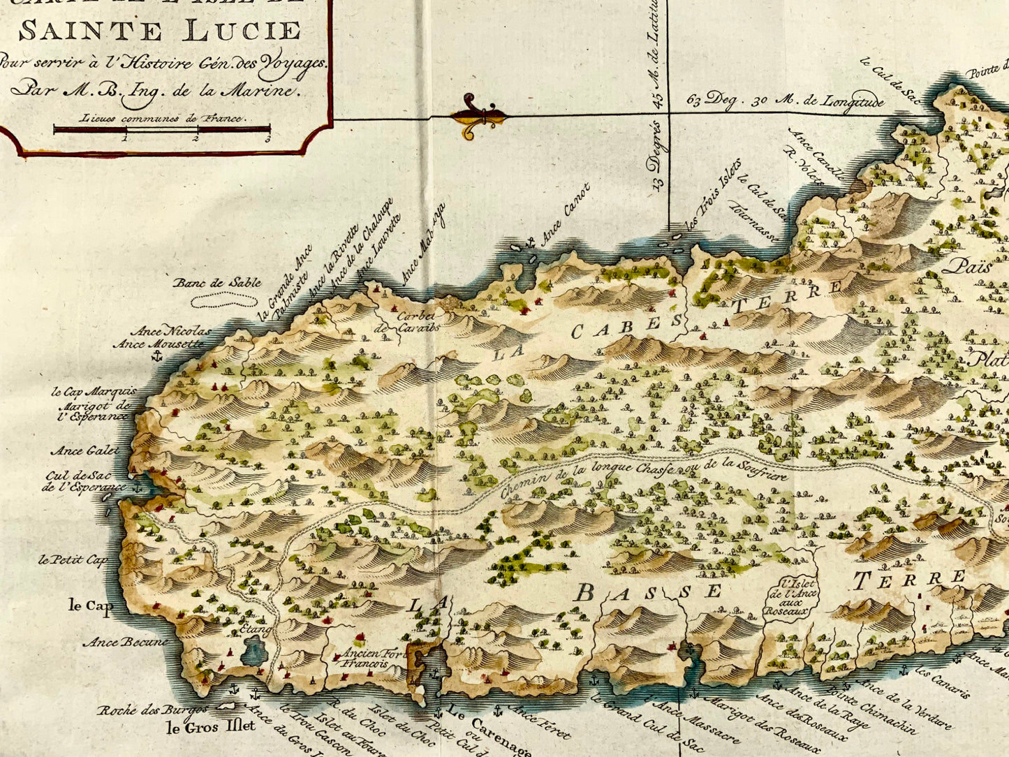 1775, Jacques Nicolas Bellin, St Lucia, Indie occidentali, mappa colorata a mano, topografia straniera