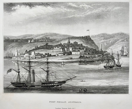 1845 Port Phillip, Melbourne Australia, incisione su acciaio-acquatinta, rara