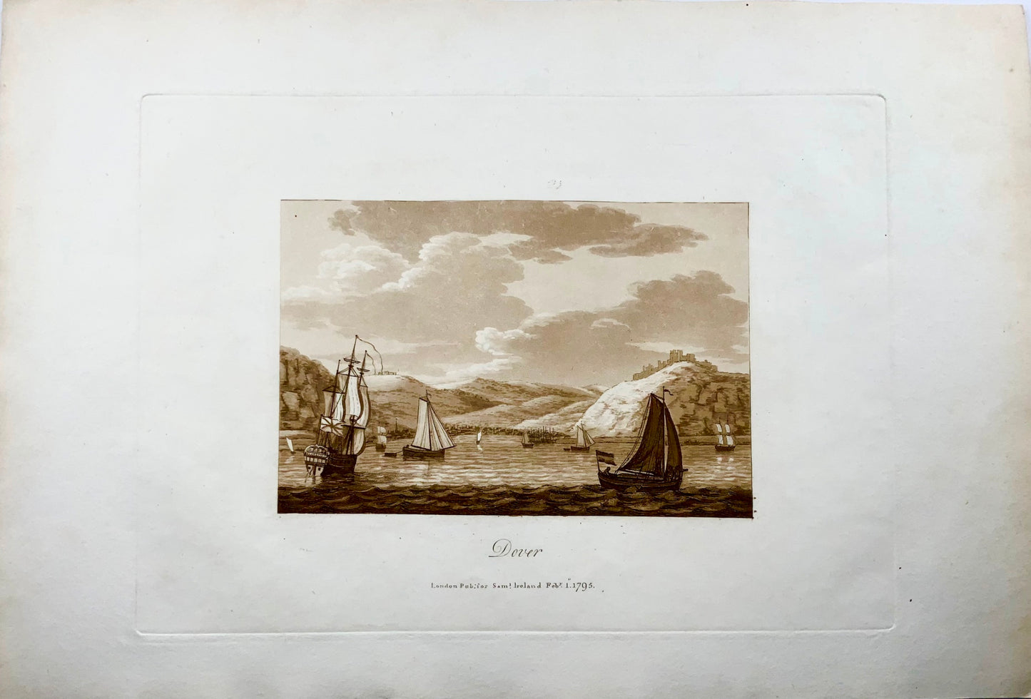 1795 Dover from the Sea, Inghilterra, acquatinta seppia di Sam. Irlanda, carta grande