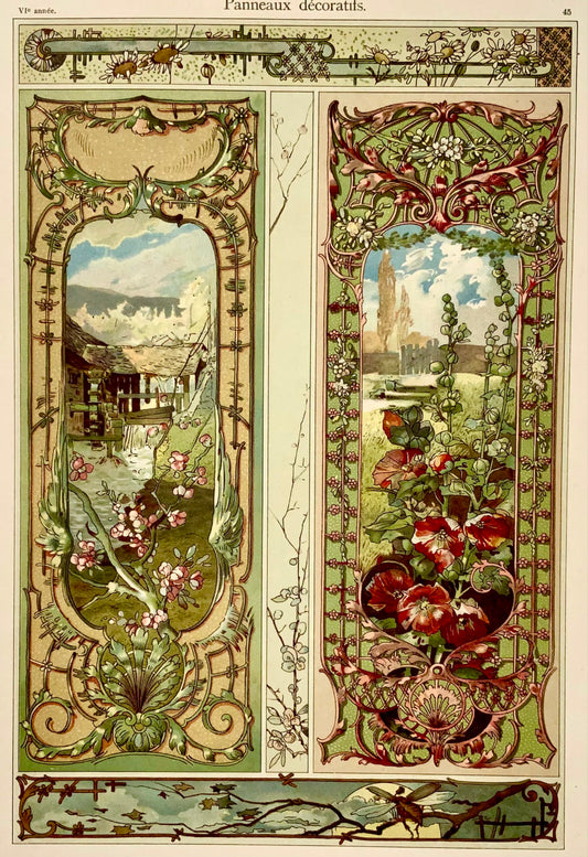 1890 Pannelli decorativi, decorazione, art nouveau, folio, paesaggio floreale