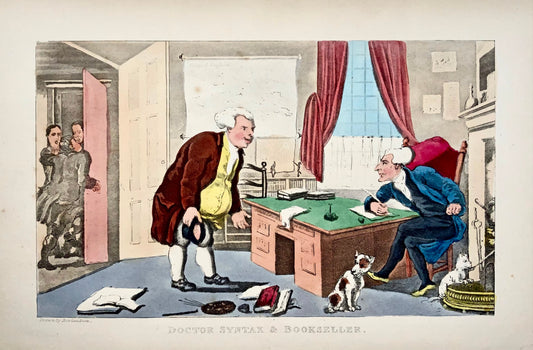 1840c gio. Rowlandson, Sintassi e libraio, caricatura, umorismo, acquatinta