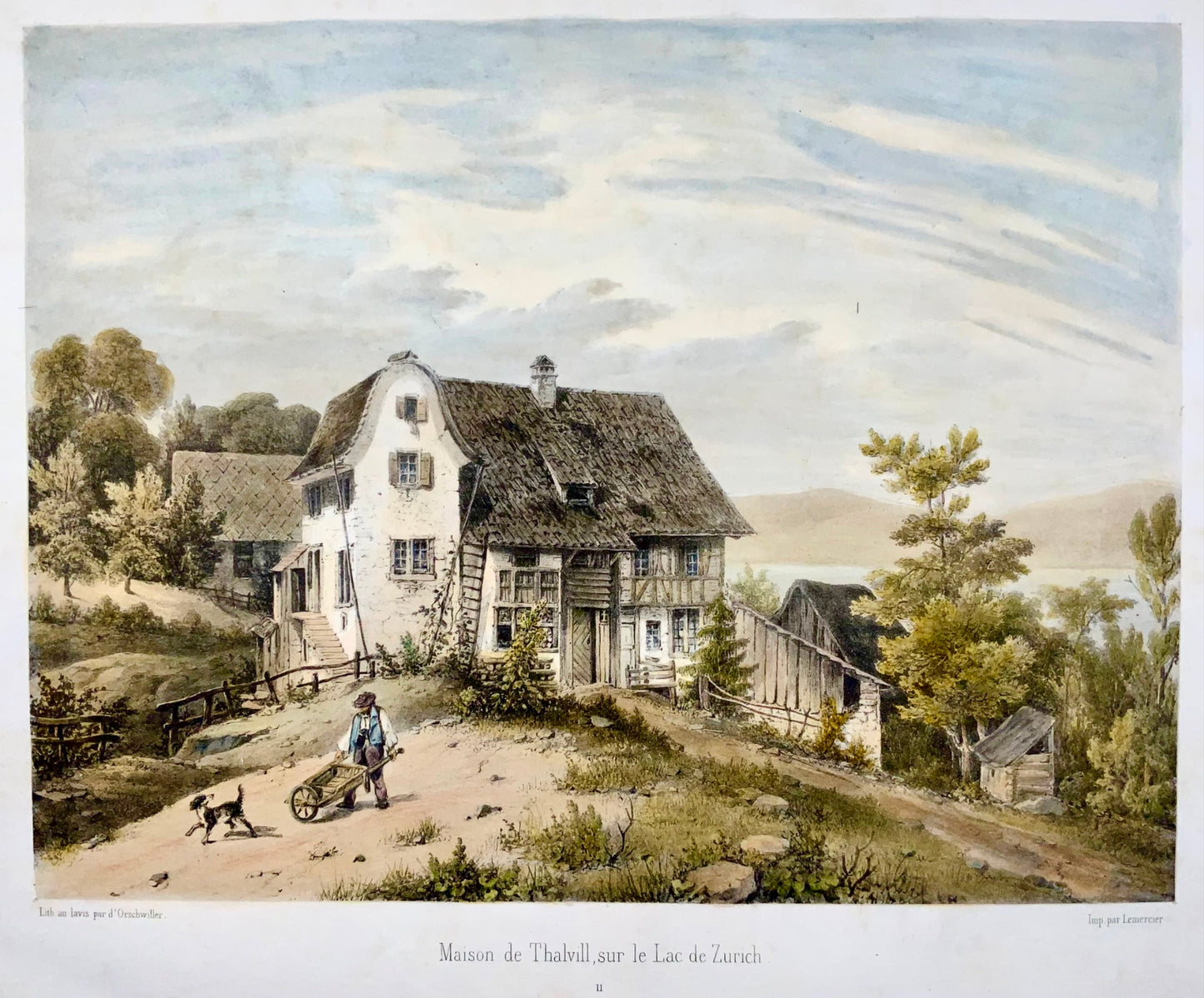 1850 c. Thalwill, Zurich, Switzerland, rare large lithograph by d’Orschwiller